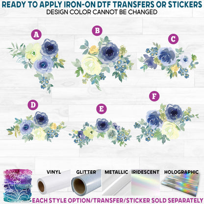 (s270-51) Blue & Lemon Yellow Watercolor Flowers Printed Heat Transfer or Sticker