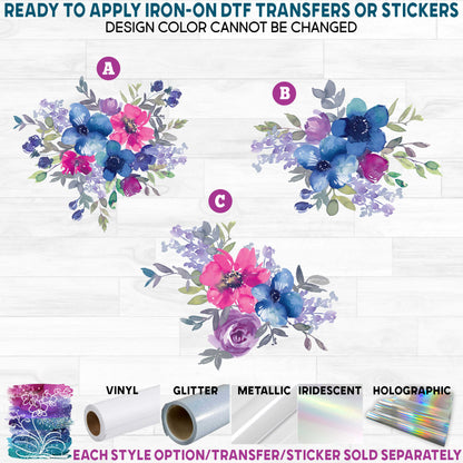 (s270-53) Pink Blue Watercolor Flowers Printed Heat Transfer or Sticker