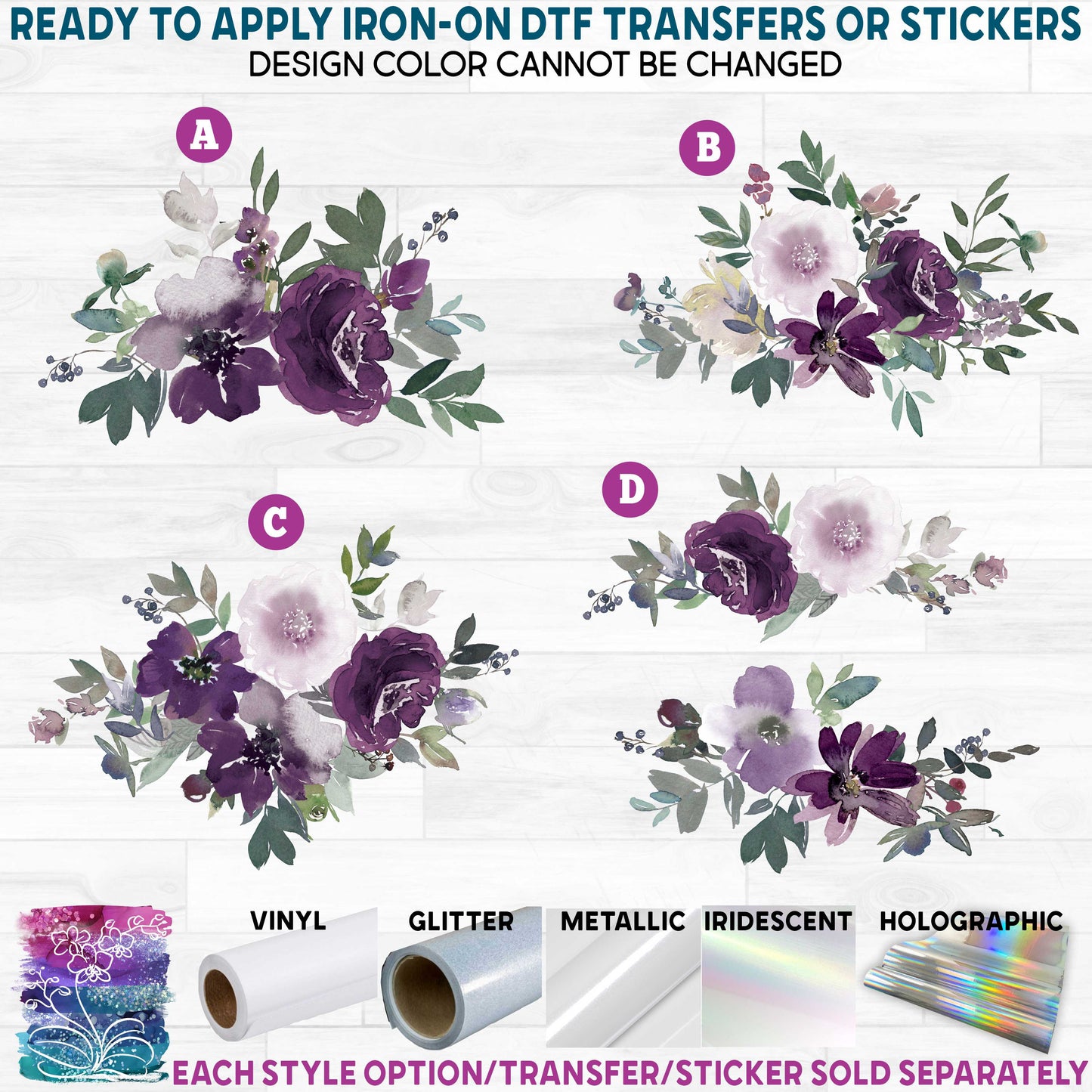 (s270-54) Purple Plum Peach Watercolor Flowers Printed Heat Transfer or Sticker