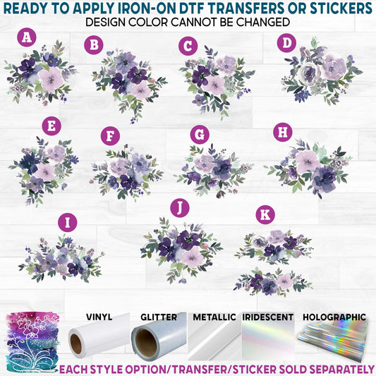 (s270-55) Purple Violet Watercolor Flowers Printed Heat Transfer or Sticker