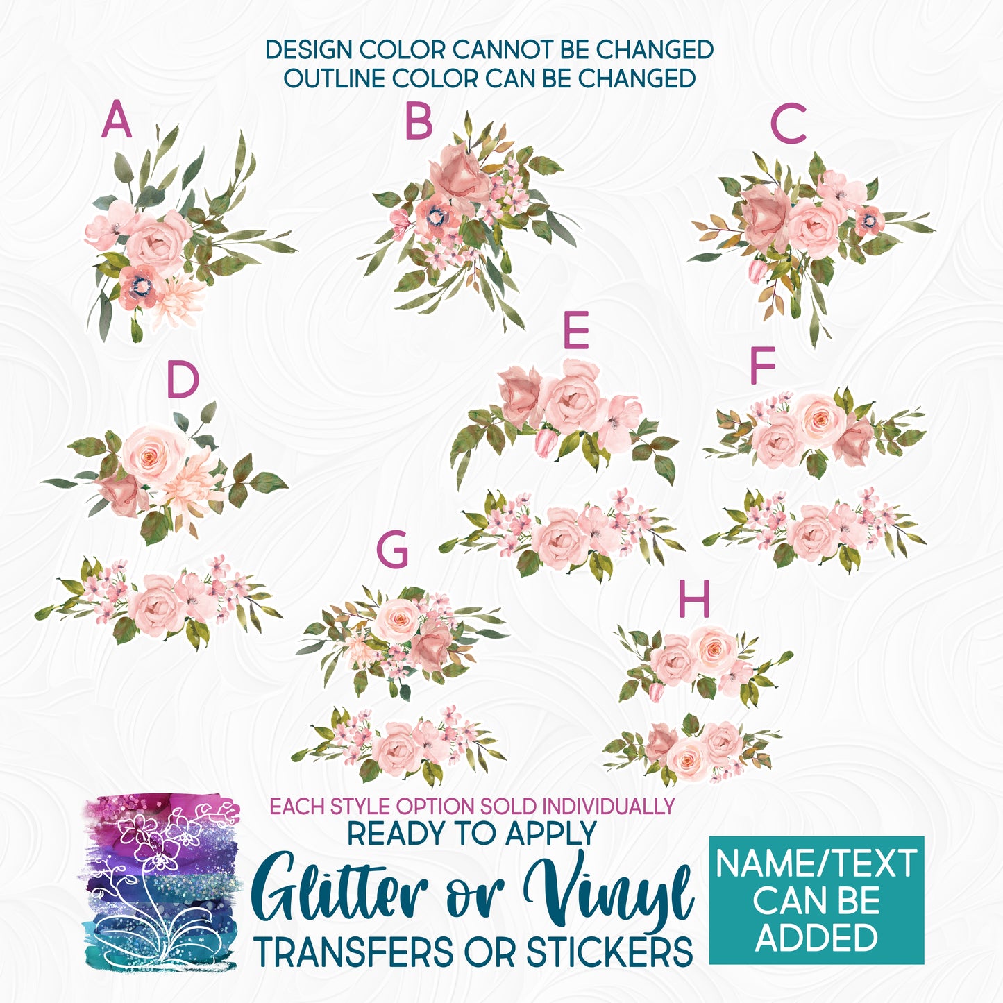 (s270-57) Blush Pink & Gold Watercolor Flowers Glitter or Vinyl Iron-On Transfer or Sticker
