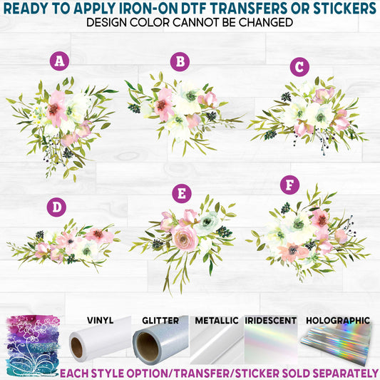 (s270-06) Blush & White Watercolor Flowers Printed Heat Transfer or Sticker