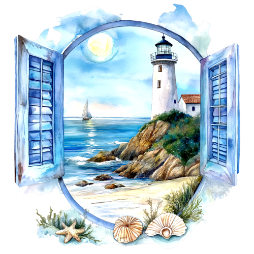 (271-02-2) Watercolor Lighthouse Window View
