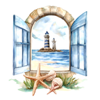 (271-02-2) Watercolor Lighthouse Window View
