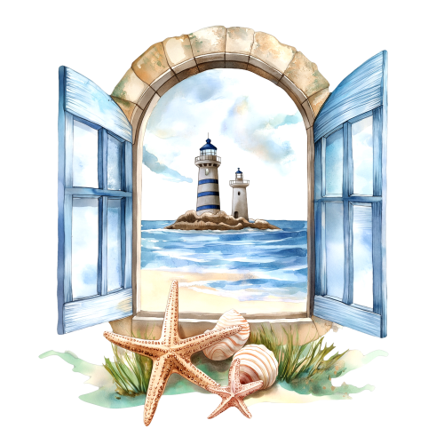 (271-02-2) Watercolor Lighthouse Window View