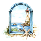 (271-02-2) Watercolor Lighthouse Window View