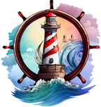 (271-02-3) Watercolor Lighthouse Ship Wheel