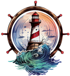 (271-02-3) Watercolor Lighthouse Ship Wheel