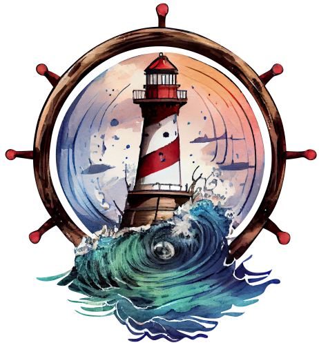 (271-02-3) Watercolor Lighthouse Ship Wheel