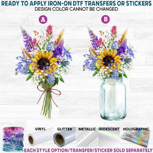 (s272) Watercolor Wildflowers Wild Flowers Bouquet Mason Jar Printed Heat Transfer or Sticker