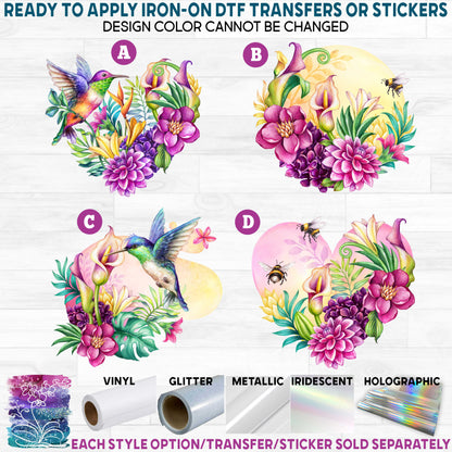 (s274-1) Vibrant Watercolor Flowers Hummingbird Honey Bee Bumblebee Printed Heat Transfer or Sticker