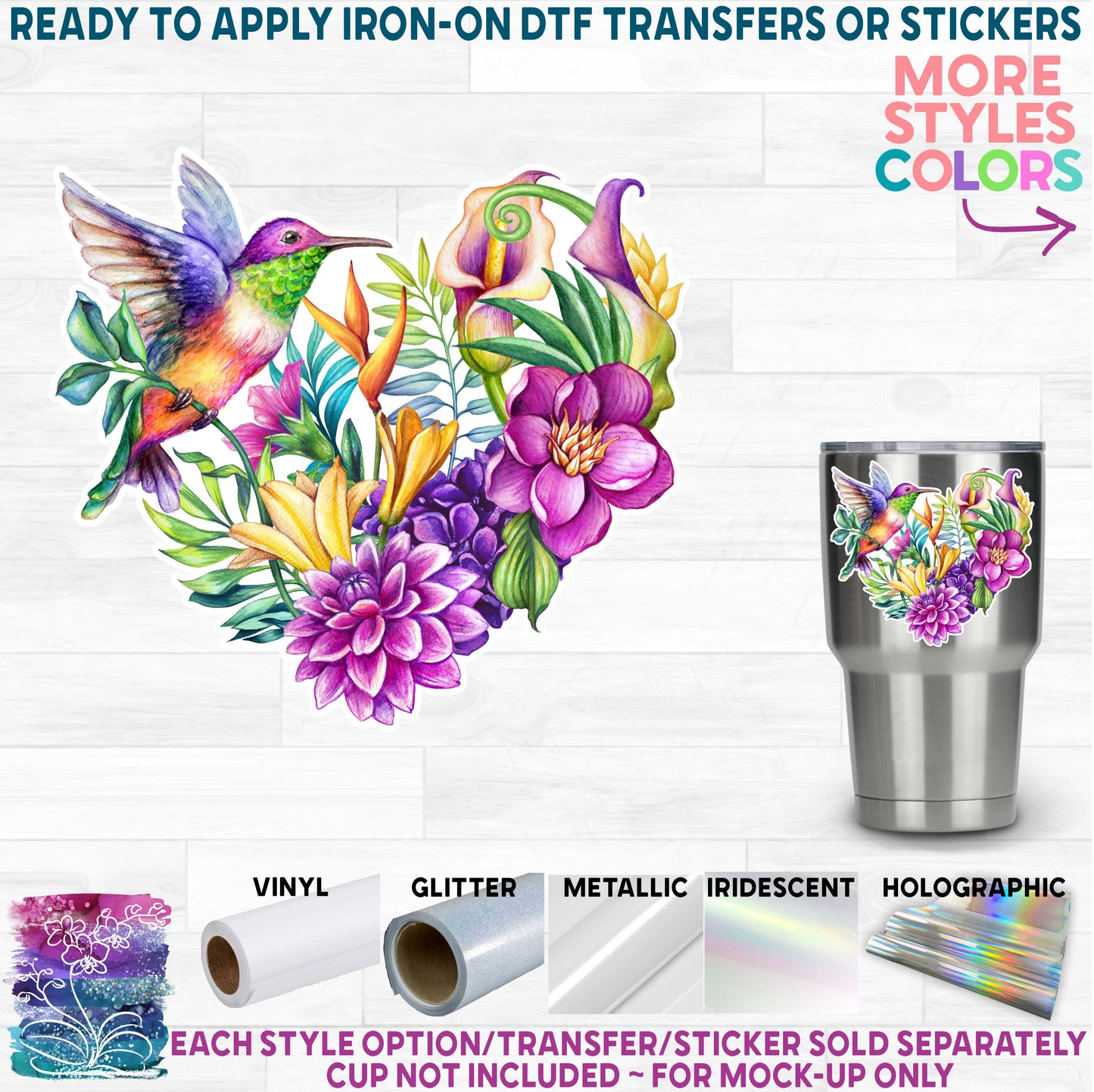 (s274-1) Vibrant Watercolor Flowers Hummingbird Honey Bee Bumblebee Printed Heat Transfer or Sticker