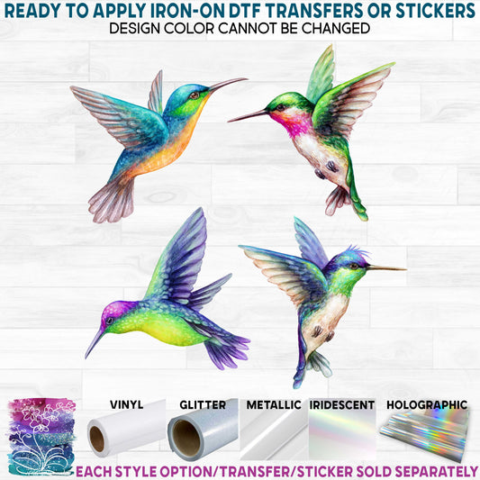 (s274-2) Set of 4 Watercolor Tropical Hummingbirds hummers  Printed Heat Transfer or Sticker