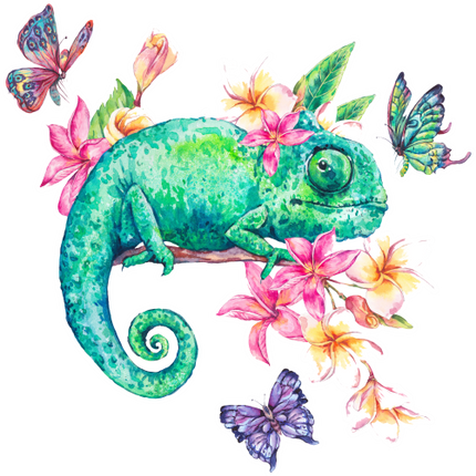 (s277-D) Chameleon Butterflies Tropical Flowers