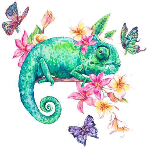 (s277-D) Chameleon Butterflies Tropical Flowers