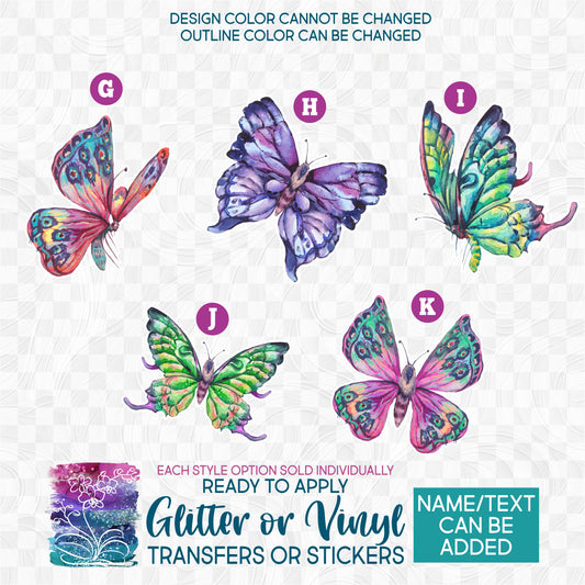 (s277) Watercolor Tropical Butterflies Pink Purple Green Glitter or Vinyl Iron-On Transfer or Sticker