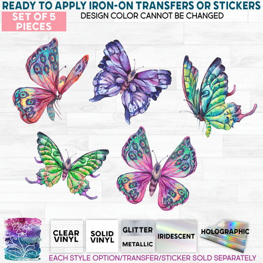 (s277-5) Set of 5 Watercolor Tropical Butterflies Pink Purple Green Glitter or Vinyl Iron-On Transfer or Sticker