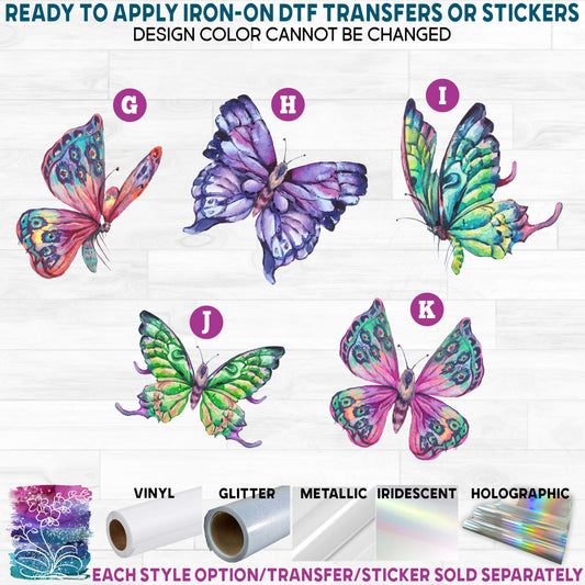 (s277) Watercolor Tropical Butterflies Pink Purple Green Printed Heat Transfer or Sticker