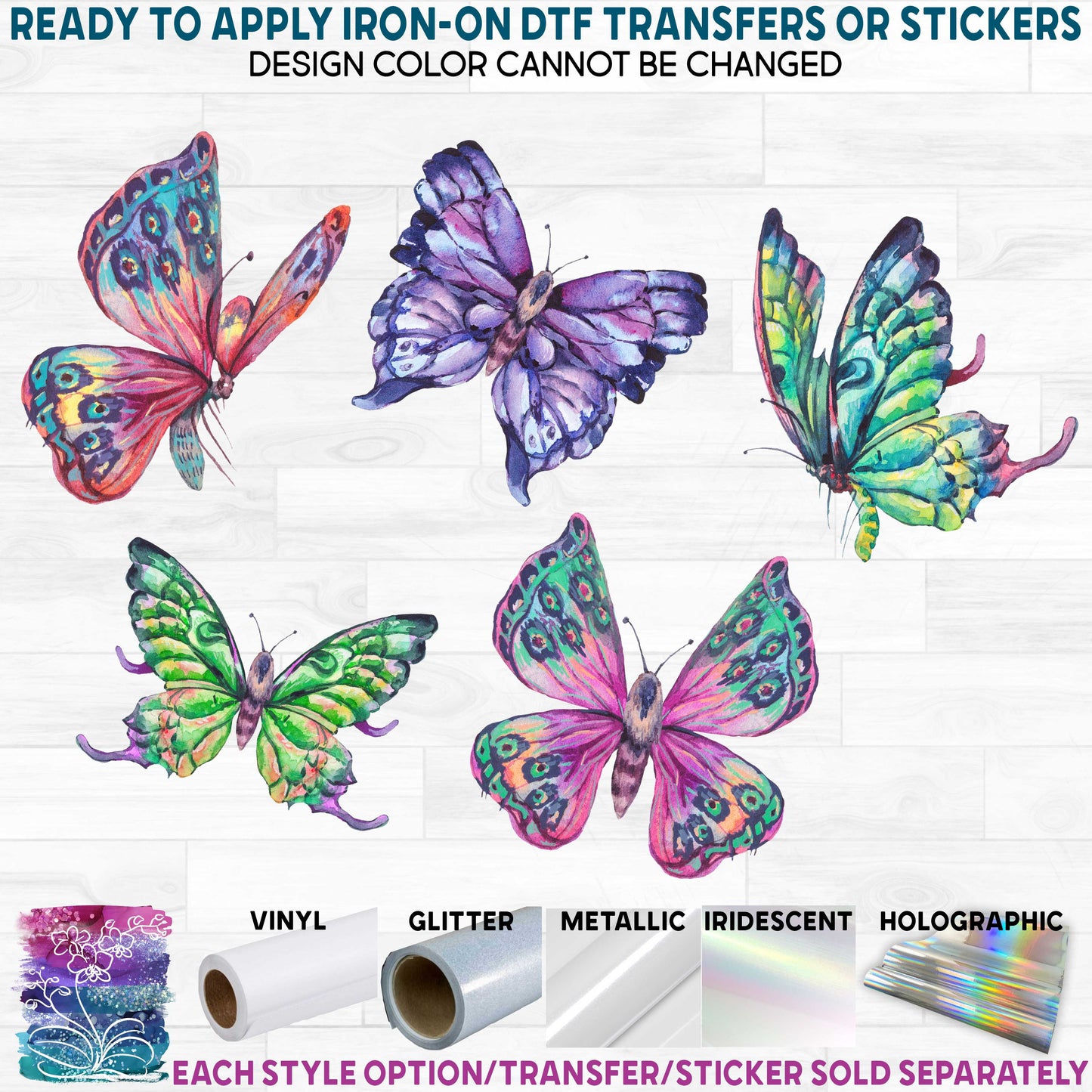 (s277-5) Set of 5 Watercolor Tropical Butterflies Pink Purple Green  Printed Heat Transfer or Sticker