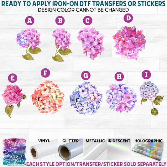 (s279) Watercolor Hydrangea Printed Heat Transfer or Sticker