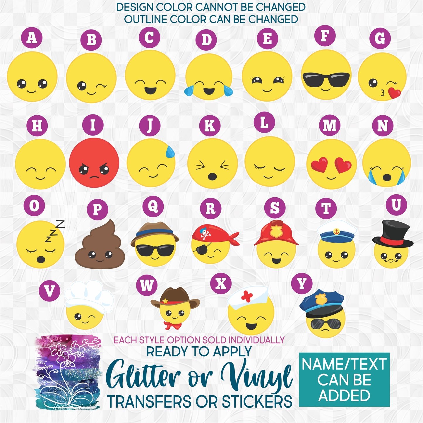 (s283) Emojis Emoji Face Glitter or Vinyl Iron-On Transfer or Sticker