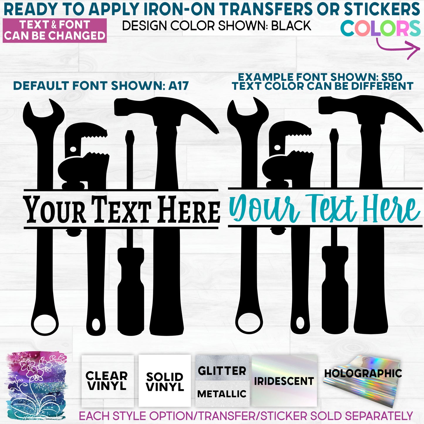 s288-A Tools Handyman Split Text Name Made-to-Order Iron-On Transfer or Sticker