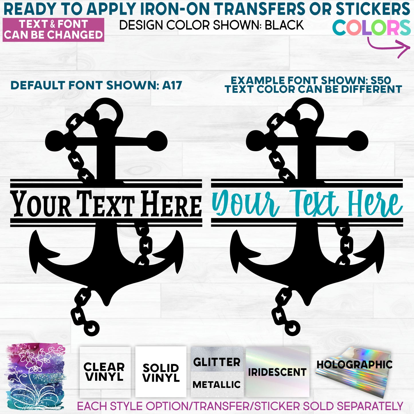 sS:28-N Anchor Wheel Nautical Split Name Text Made-to-Order Iron-On Transfer or Sticker