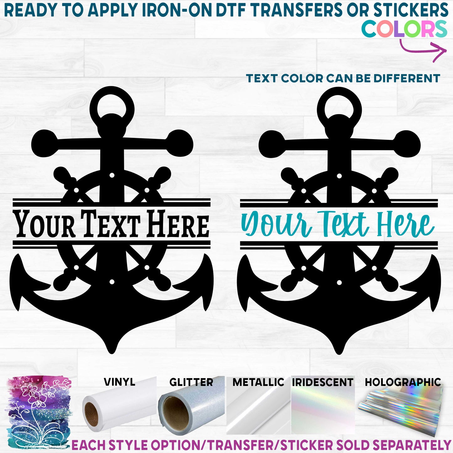 (s028-Q) Anchor Wheel Nautical Split Name Text Printed Heat Transfer or Sticker