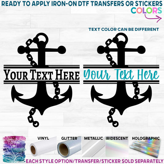 (s028-N) Anchor Wheel Nautical Split Name Text Printed Heat Transfer or Sticker