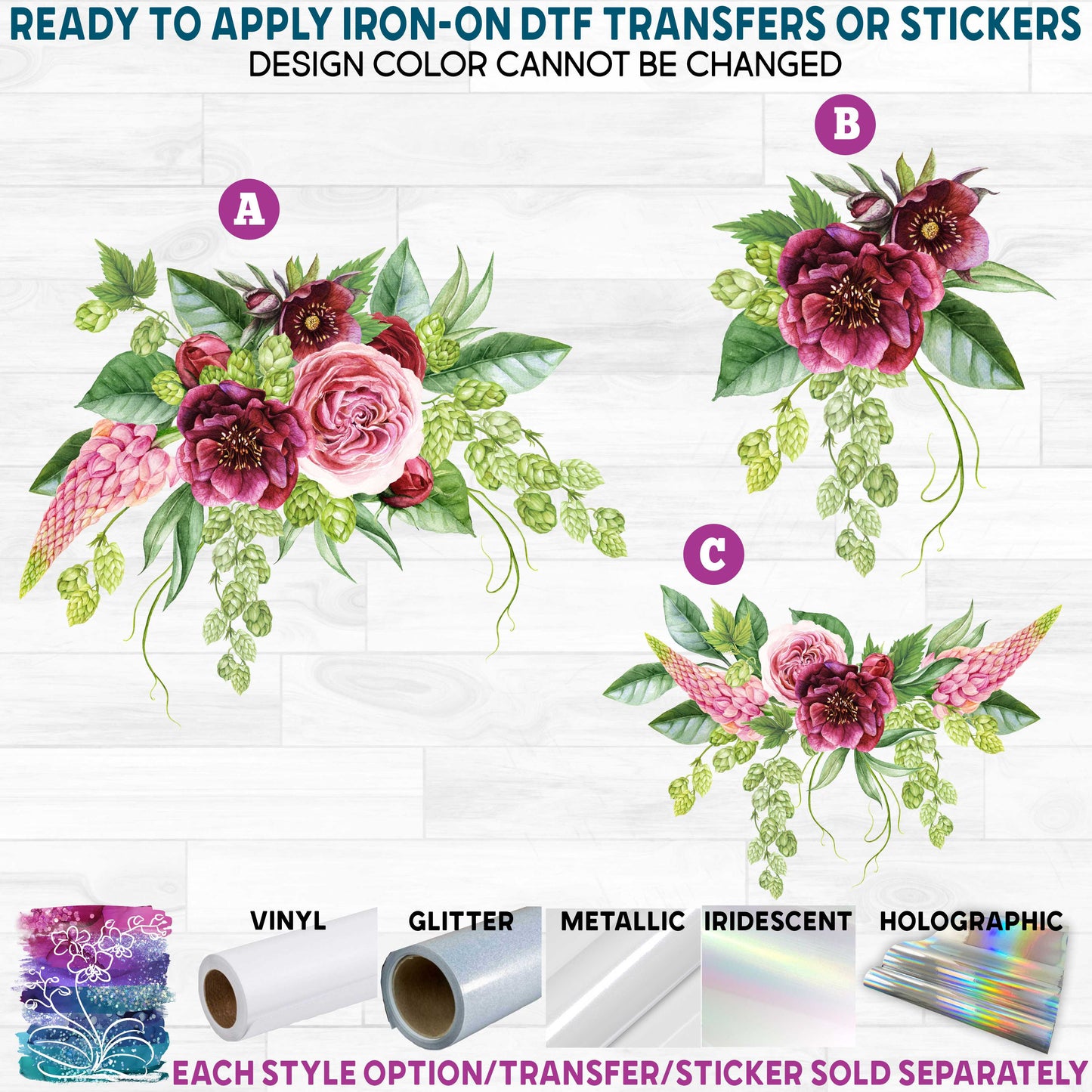 (s295) Nina Burgundy Pink Floral Flowers Watercolor Printed Heat Transfer or Sticker