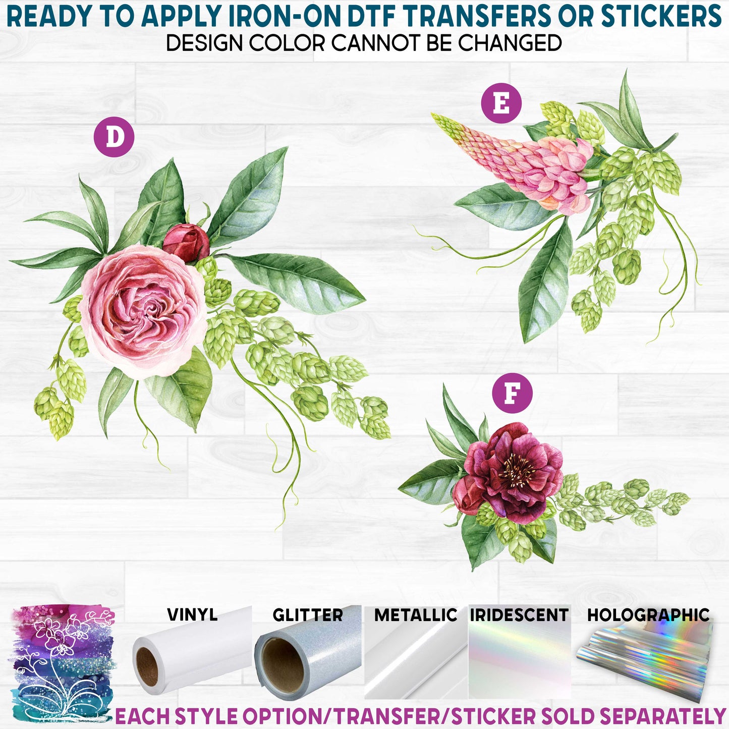 (s295) Nina Burgundy Pink Floral Flowers Watercolor Printed Heat Transfer or Sticker