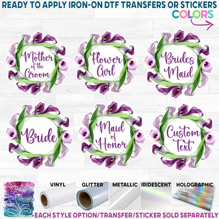 (298-W1) Watercolor Flowers Purple Calla Lilly Lilies Bridal Wedding Party Custom Text