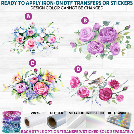 (s298) Watercolor Flowers Roses Bouquet Bird Pink Purple Printed Heat Transfer or Sticker