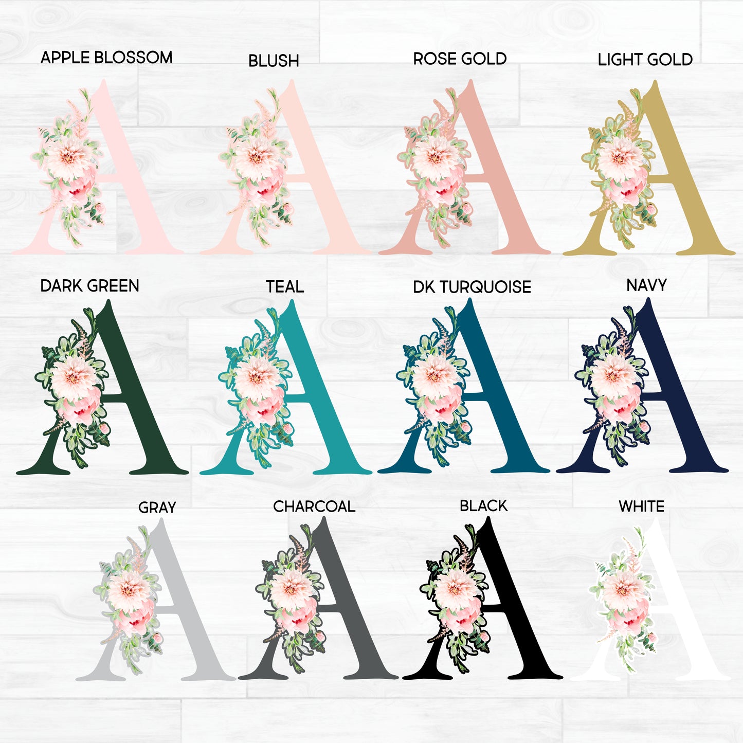 (s299-2) Watercolor Blush Pink Rose Gold Flowers Monogram Letter Custom Name Bridal Wedding Party