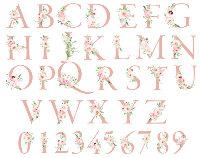 (299-2) Watercolor Blush Pink Rose Gold Flowers Monogram Letter Custom Name Bridal Wedding Party