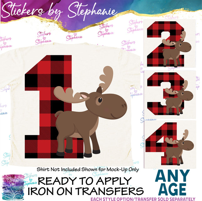 (s02A-378) Moose Buffalo Plaid Number Age Graphic Iron-On Transfer