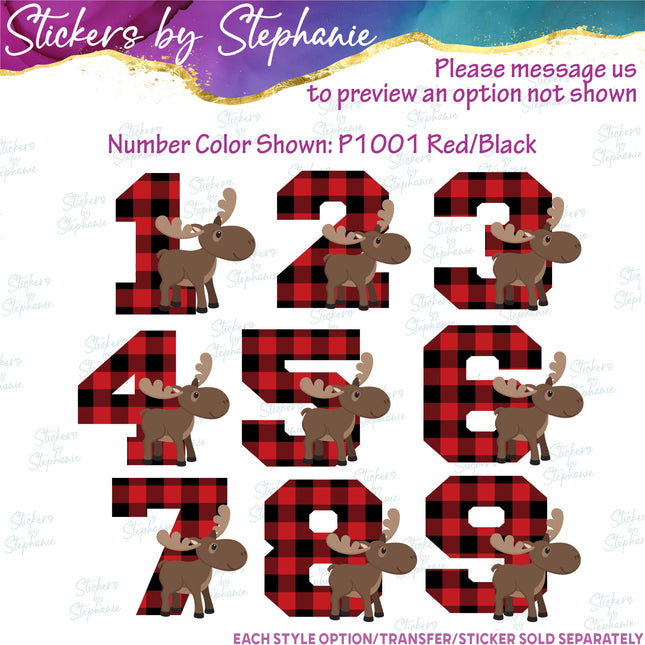 (s02A-378) Moose Buffalo Plaid Number Age Graphic Iron-On Transfer