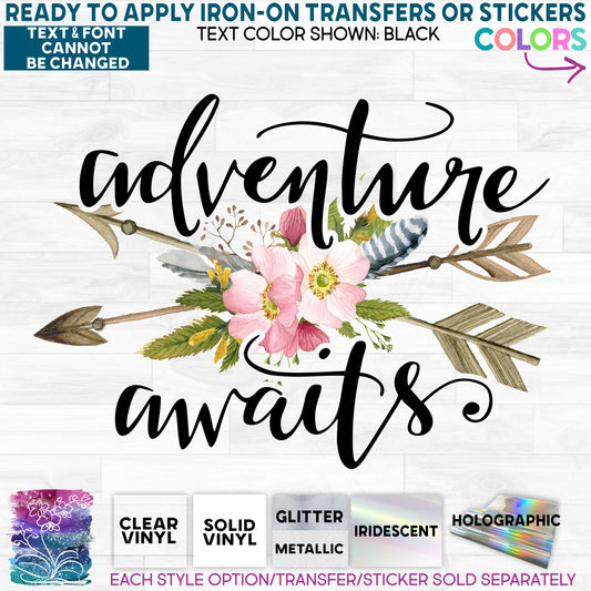 Adventure Awaits Wild Rose Deer Arrow Watercolor Glitter, Matte, Glossy Iron-On Transfer or Sticker