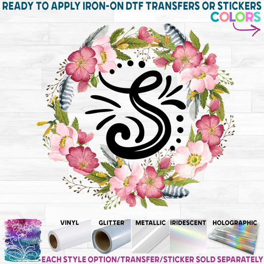 (s002-5) Hand drawn Monogram Letters Wild Rose Floral Printed Heat Transfer or Sticker