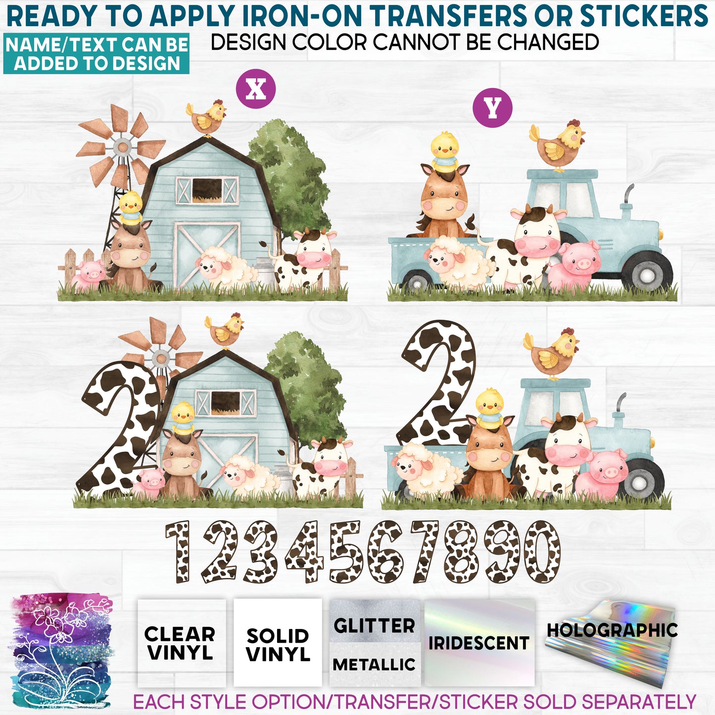 (s003-16) Cute Baby Watercolor Farm Animals Blue Barn Tractor Glitter or Vinyl Iron-On Transfer or Sticker