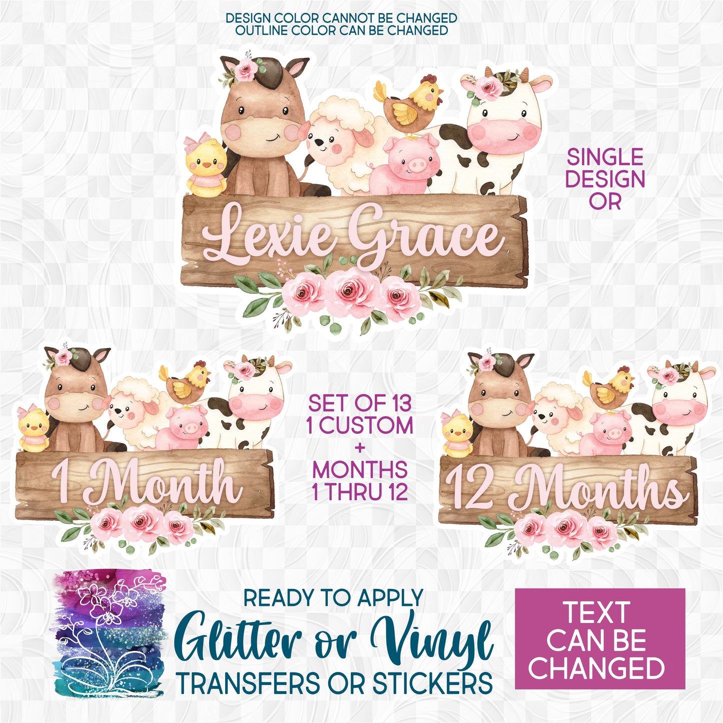 (s003-16Z) Cute Baby Watercolor Farm Animals Custom Name 1st Year Photos Glitter or Vinyl Iron-On Transfer or Sticker