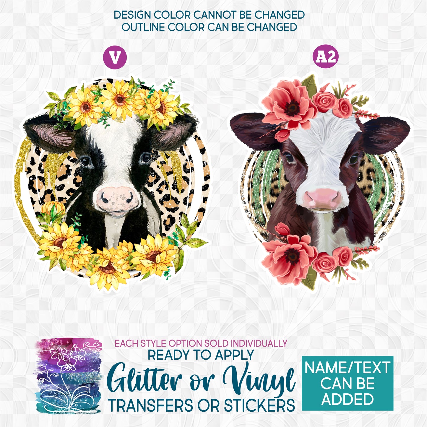 (s003-2) Baby Cow Sunflowers Poppies Glitter or Vinyl Iron-On Transfer or Sticker