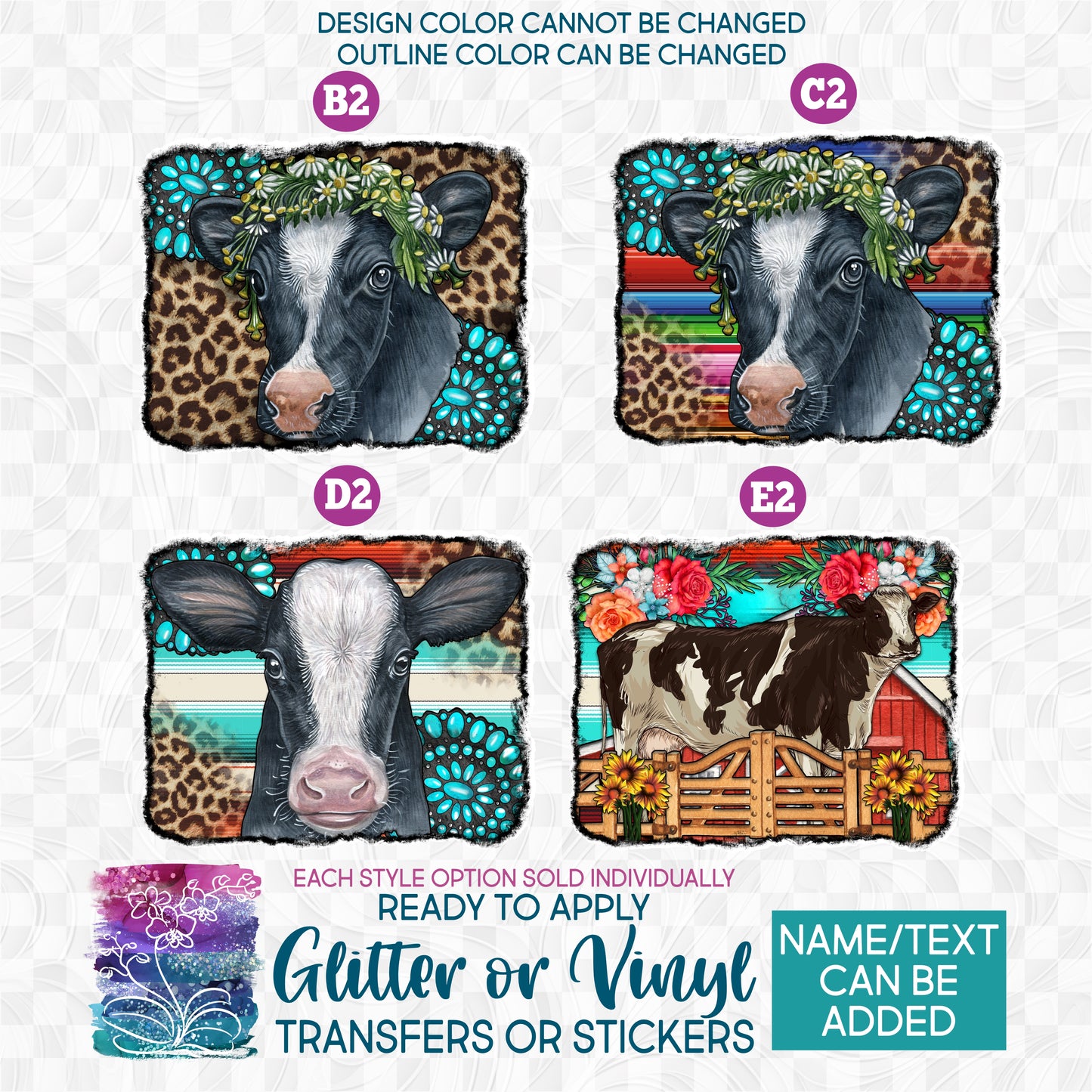 (s003-2) Black White Cow Western Background Leopard Turquoise Sunflowers Glitter or Vinyl Iron-On Transfer or Sticker