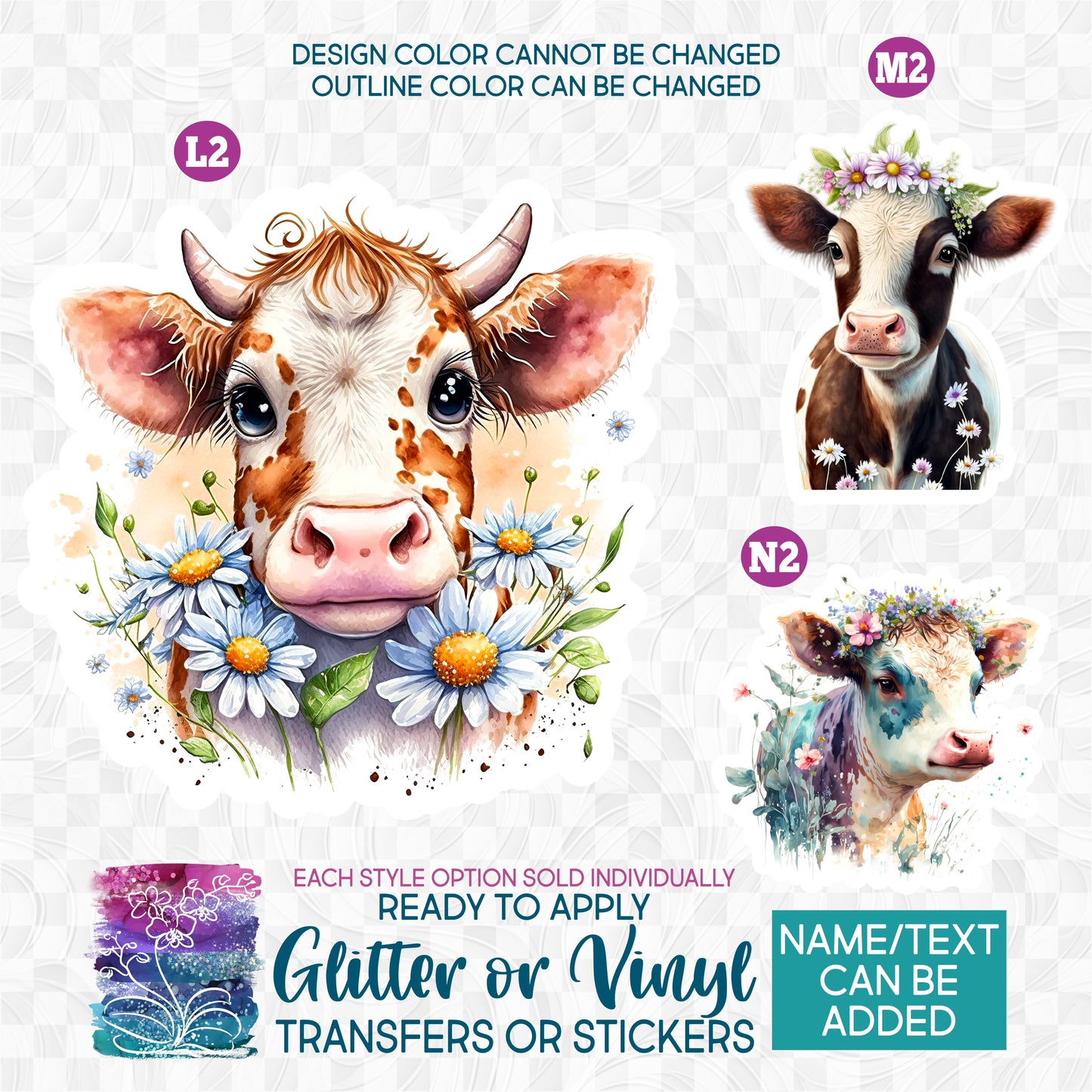 (s003-2) Cute Flower Flowers Floral Cow Cows Calf Baby Glitter or Vinyl Iron-On Transfer or Sticker