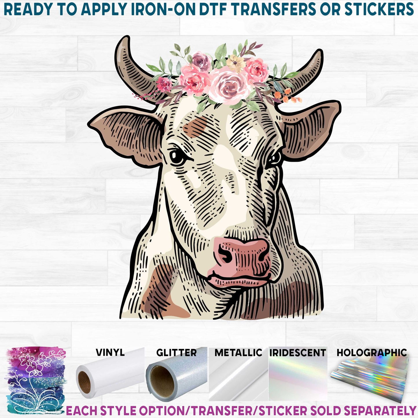 (s003-02X) Cow Head Face with Flowers Printed Heat Transfer or Sticker