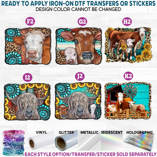 (s003-02) Brown White Cow Western Background Leopard Turquoise Sunflowers Printed Heat Transfer or Sticker