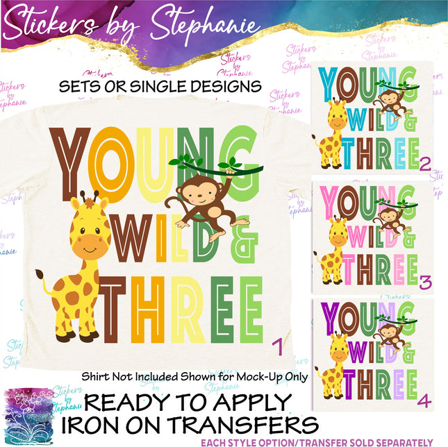 (s3-04-026) Young Wild Three Giraffe Monkey Iron-On Transfer