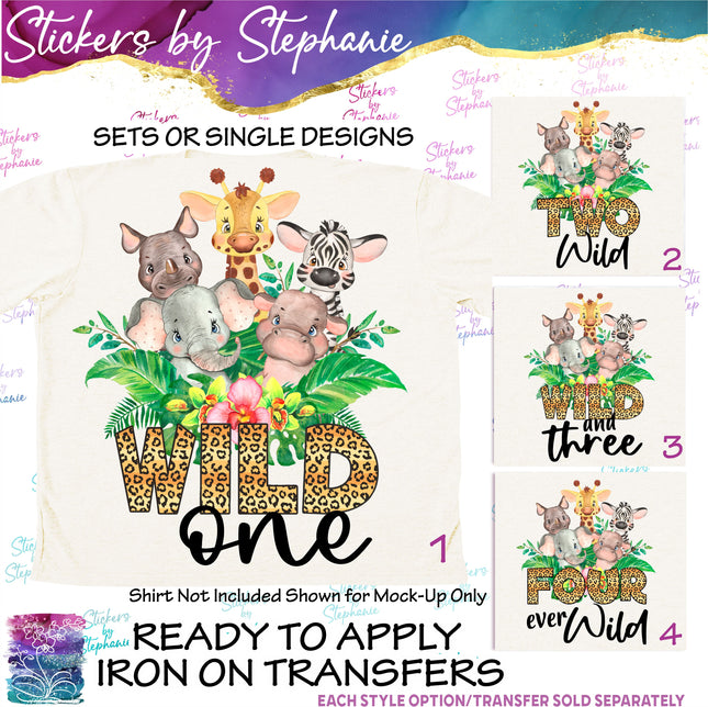 (s3-04-050) Wild One, Two, Three, Four Safari Animals Iron-On Transfer