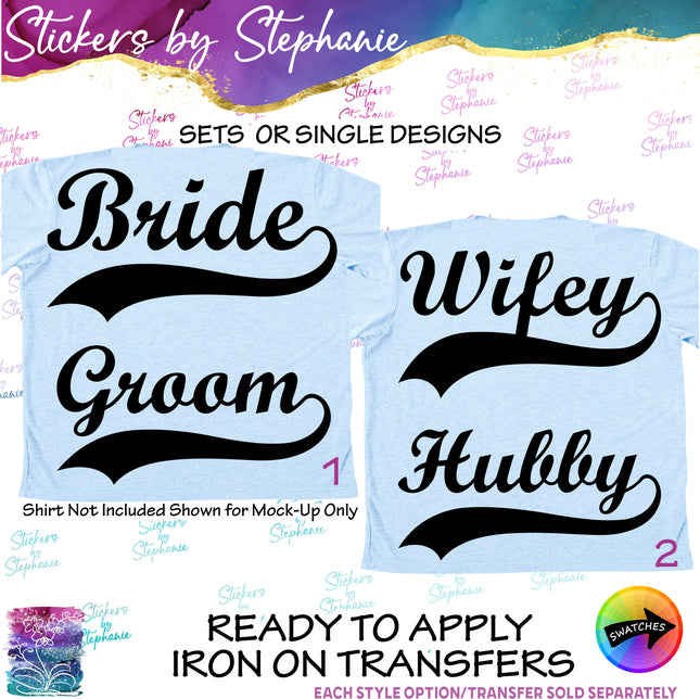 (s03-436) Bride Groom Husband Wifey Baseball Style Iron-On Transfer