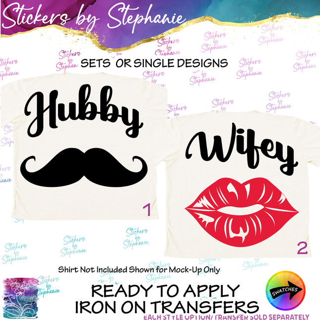 (s03-443) Hubby Mustache Wifey Kiss Lips Iron-On Transfer